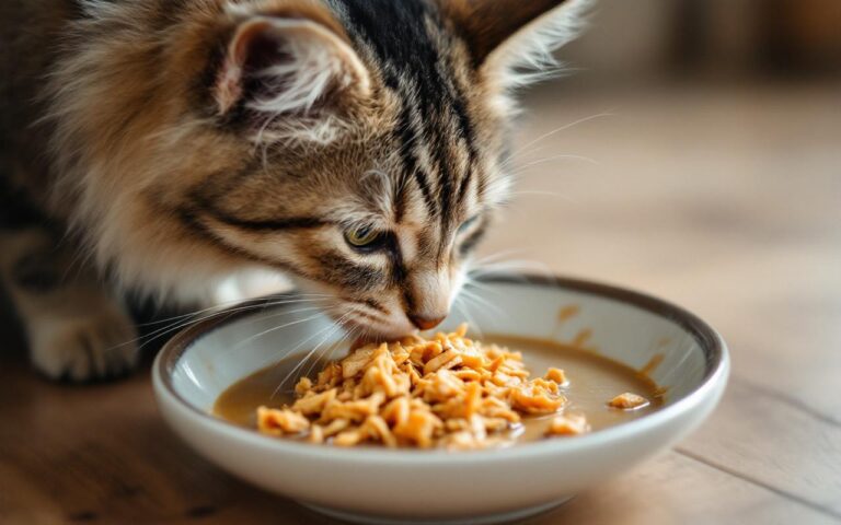 Gros plan d'un chat tigré mangeant de la nourriture humide effilochée en sauce dans un bol en céramique posé sur un sol de cuisine en bois, lumière matinale volumétrique douce, ambiance chaleureuse et naturelle.