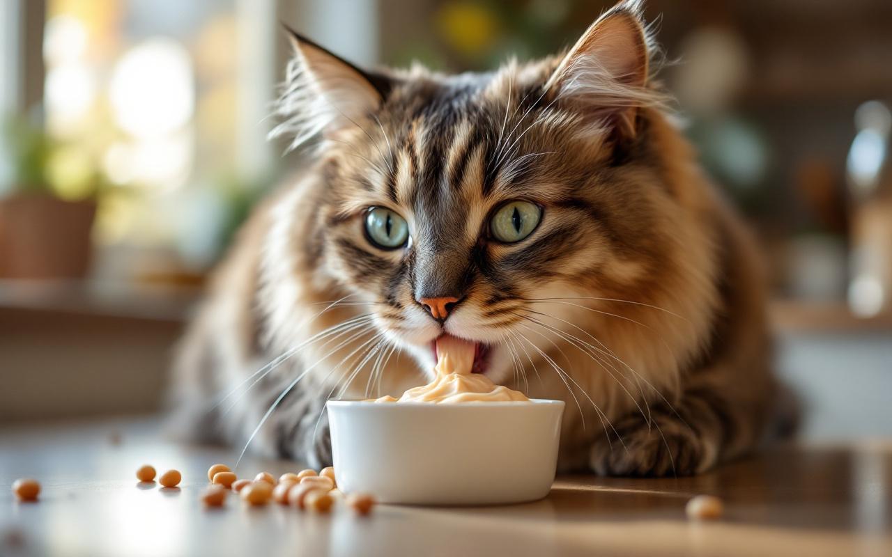 Chat senior en gros plan léchant une mousse humide onctueuse dans une gamelle, pelage gris-beige, lumière matinale volumétrique douce, arrière-plan de cuisine flou et chaleureux.