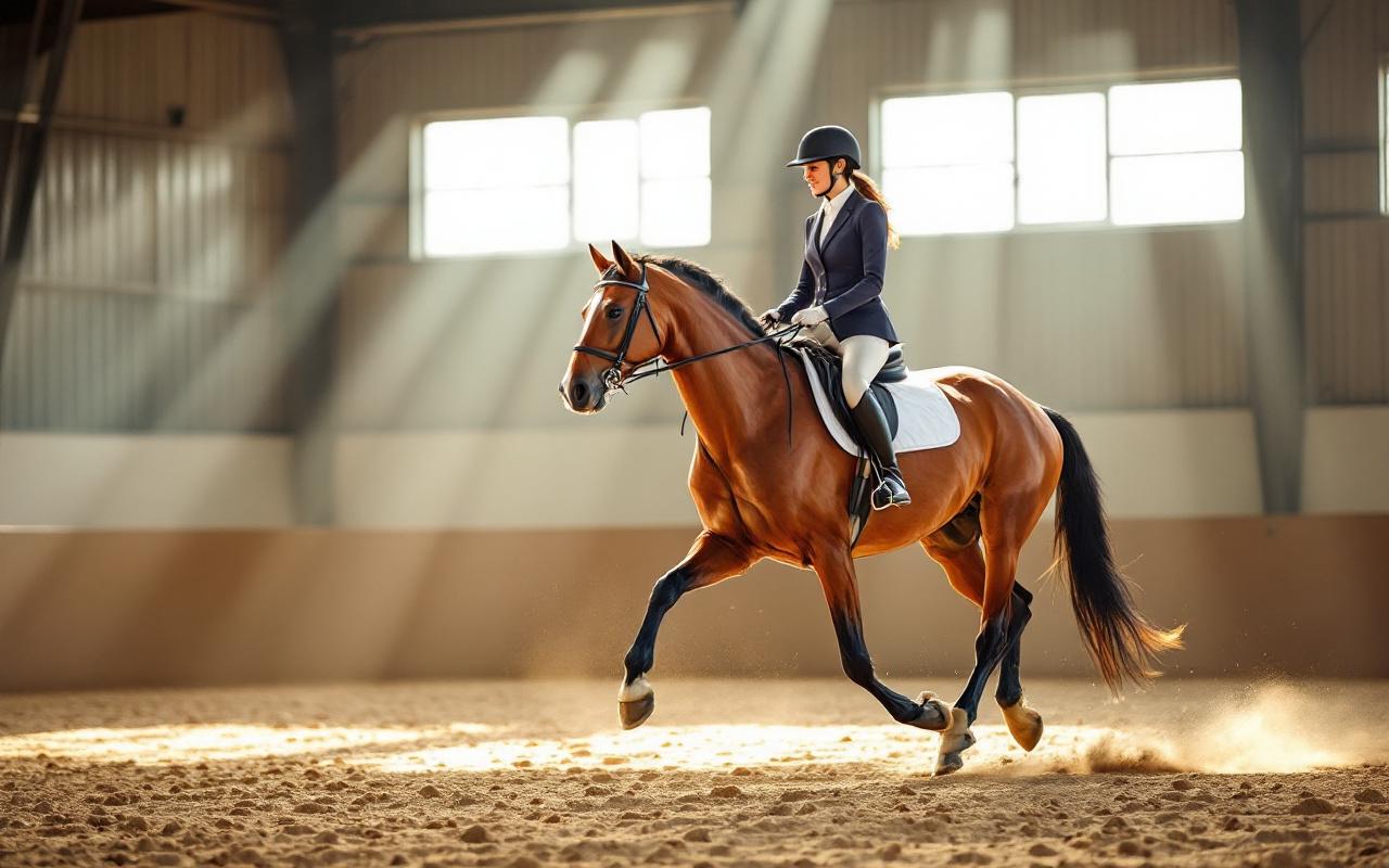 Cavalier entraînant un cheval dans une arène intérieure lumineuse, au trot, rayons de soleil traversant les hautes fenêtres, sol sablé et ambiance chaleureuse.