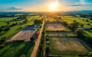 Vue aérienne d'une ferme équestre montrant plusieurs carrières en sable et en herbe, paddocks clôturés avec chevaux au pâturage, écuries et allées bordées d'arbres, champs verts baignés d'une lumière dorée de coucher de soleil.