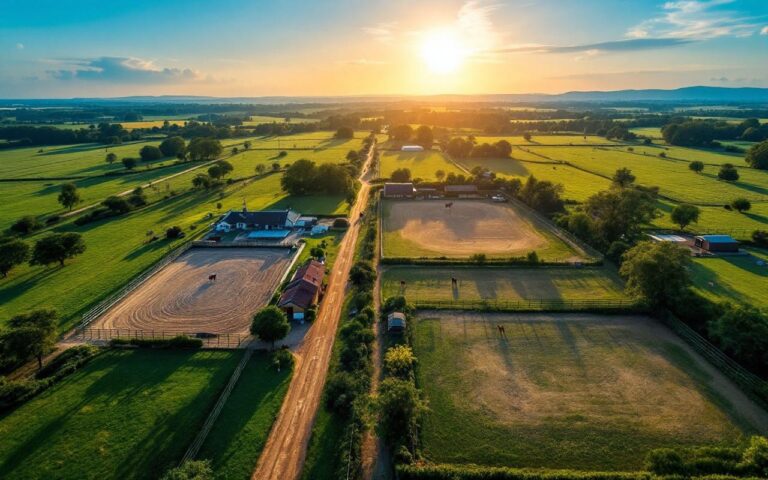 Vue aérienne d'une ferme équestre montrant plusieurs carrières en sable et en herbe, paddocks clôturés avec chevaux au pâturage, écuries et allées bordées d'arbres, champs verts baignés d'une lumière dorée de coucher de soleil.
