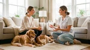 Un chien et un chat se reposent dans un salon lumineux tandis qu’une propriétaire discute calmement avec une bénévole d’une association animale.