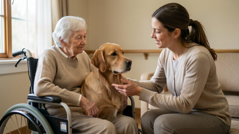 Un chien calme assis près d’une femme âgée en fauteuil roulant, accompagné d’une intervenante attentive dans un espace sobre et lumineux d’Ehpad.