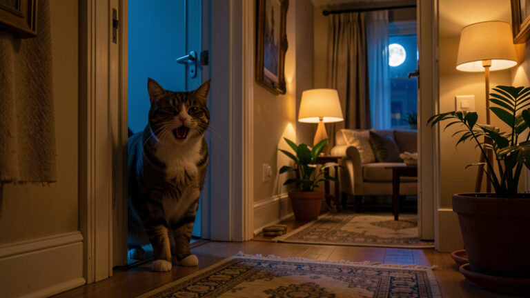 Chat domestique miaulant près d’une porte intérieure la nuit, dans un intérieur chaleureux et soigneusement décoré.