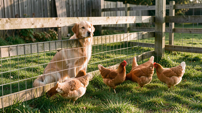 Un chien calme assis derrière une clôture basse et sécurisée, tandis que plusieurs poules picorent tranquillement de l’autre côté dans un jardin rural.