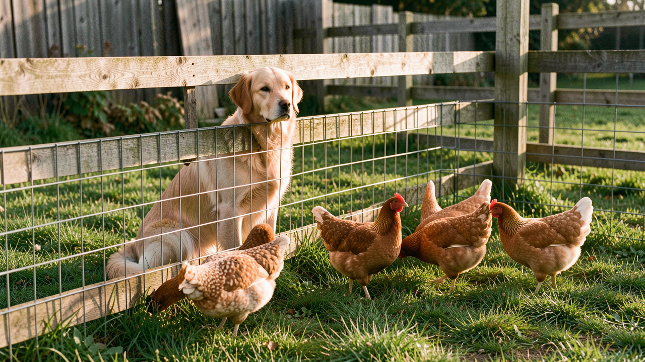 Un chien calme assis derrière une clôture basse et sécurisée, tandis que plusieurs poules picorent tranquillement de l’autre côté dans un jardin rural.