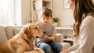 Un jeune garçon assis calmement dans un cabinet lumineux caresse un chien médiateur détendu, sous la supervision discrète d’une professionnelle.