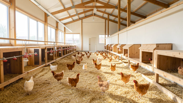 Intérieur lumineux d’un bâtiment avicole moderne sans cages, avec des poules pondeuses sur une litière propre, des perchoirs, des nids et des lignes d’abreuvement.