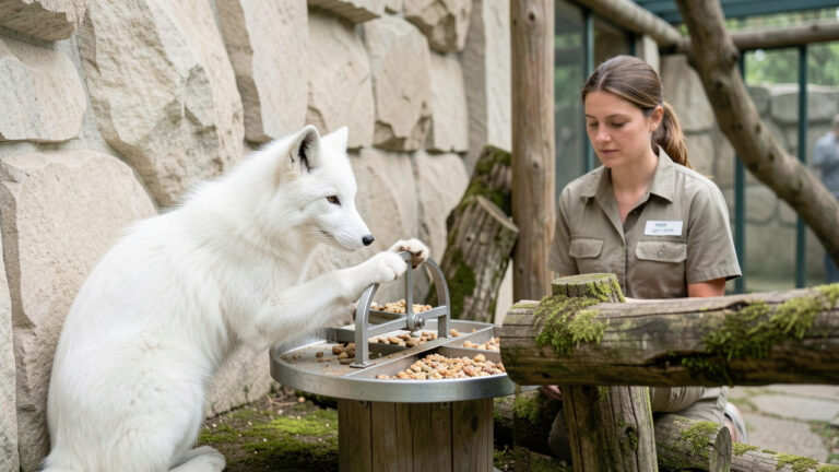 Un renard arctique utilise une roue distributrice de nourriture dans un enclos zoologique moderne, tandis qu’une soigneuse l’observe discrètement à la lumière naturelle.
