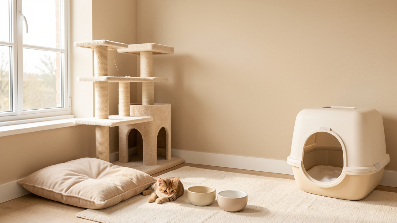 Studio lumineux et chaleureux aménagé pour un chaton, avec arbre à chat près d’une fenêtre sécurisée, couchage, gamelles séparées et litière discrète.