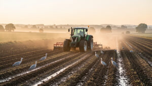 Tracteur labourant un champ humide au lever du jour, accompagné de mouettes et de hérons dans un paysage agricole français.
