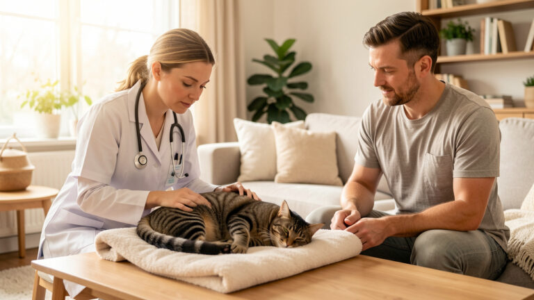 Une vétérinaire examine calmement un chat tigré installé sur une couverture dans un salon lumineux, tandis que son propriétaire rassuré se tient à proximité.