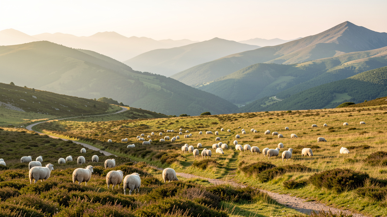 Vue panoramique réaliste de la Rhune au Pays basque, avec un troupeau de brebis sur une lande ouverte, un sentier de randonnée et des montagnes éclairées par la douce lumière de fin d’été.