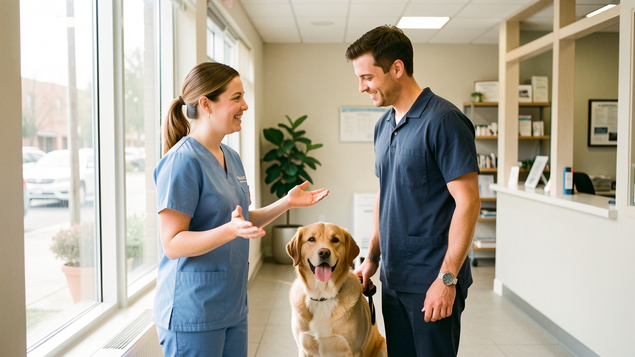Une auxiliaire vétérinaire accueille chaleureusement un homme et son chien dans une clinique lumineuse et moderne.