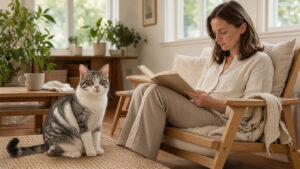 Un chat adulte calme est assis près d’une femme qui lit dans un salon lumineux à la décoration naturelle et sereine.