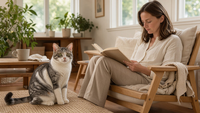 Un chat adulte calme est assis près d’une femme qui lit dans un salon lumineux à la décoration naturelle et sereine.