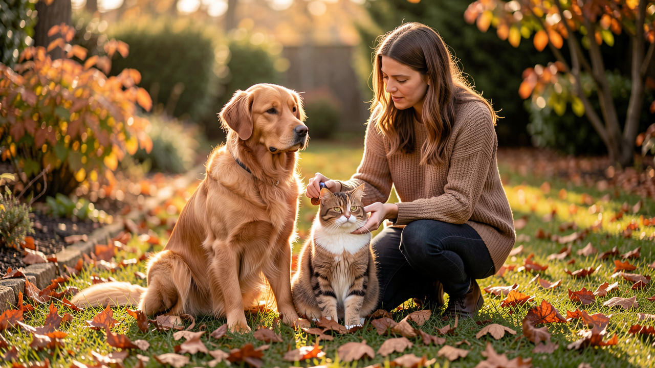 Un chien à poil mi-long et un chat domestique assis dans un jardin d’automne pendant qu’une femme les brosse doucement, entourés de feuilles rousses au sol.