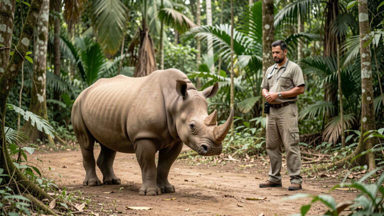 Une femelle rhinocéros de Sumatra se tient calmement dans un enclos forestier tandis qu’un soigneur effectue une observation vétérinaire à distance, sous une lumière naturelle douce.